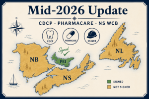 Vintage-style map of Atlantic Canada showing pharmacare signing status as of May 2026: PEI marked signed in green; New Brunswick, Nova Scotia, and Newfoundland and Labrador marked not signed. Icons for the Canadian Dental Care Plan, Pharmacare, and the Nova Scotia Workers' Compensation Board.